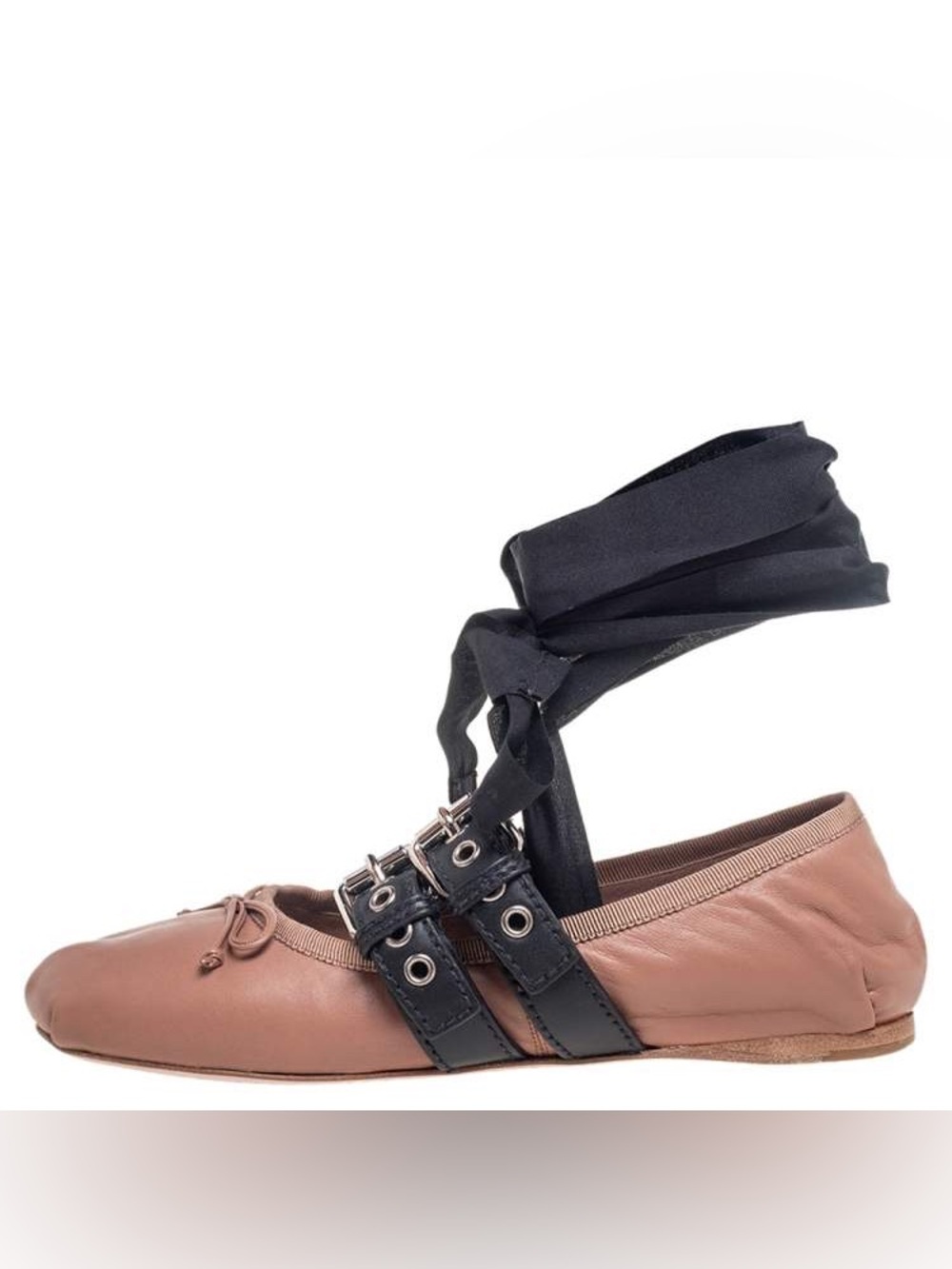 Miu Miu Rustic Rose and Black Flats with Bow Detail